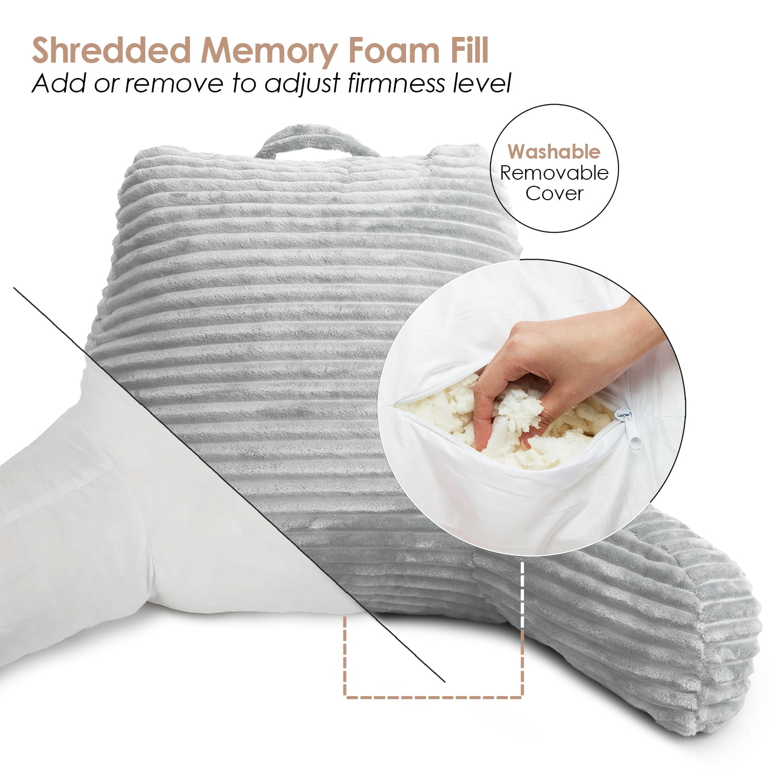 Clara Clark Backrest with Arms and Pockets- Premium Shredded Memory Foam, Medium, Silver