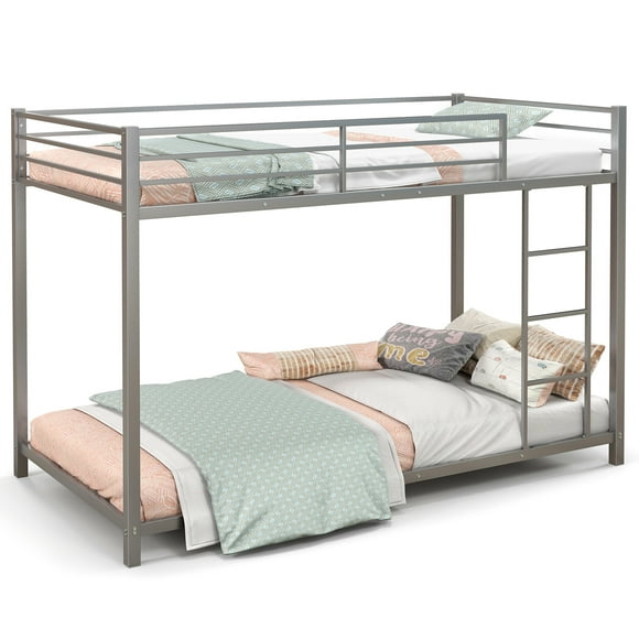 Patiojoy Metal Bunk Bed Twin over Twin Low-Profile Bunk Bed Frame with Full Length Guardrail & Ladder Space-saving Twin Size Bed Sliver