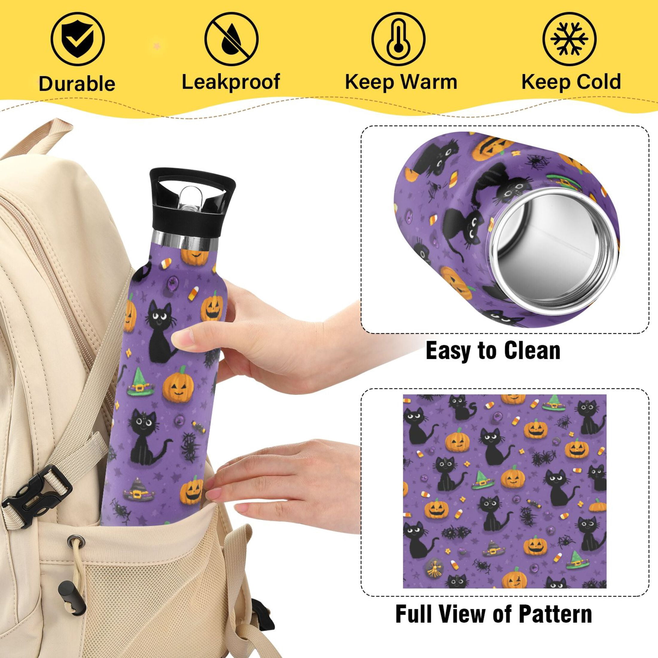 Kids Insulated Stainless Steel Sports Water Bottle 600ml (20oz) Black Cats and Pumpkins Pattern