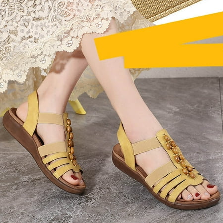 

bvgfsahne Women Sandals Summer New Pattern Fashion Beaded Vintage Bohemian Sandals Comfortable Flat Bottoms Slip On Beach Shoes