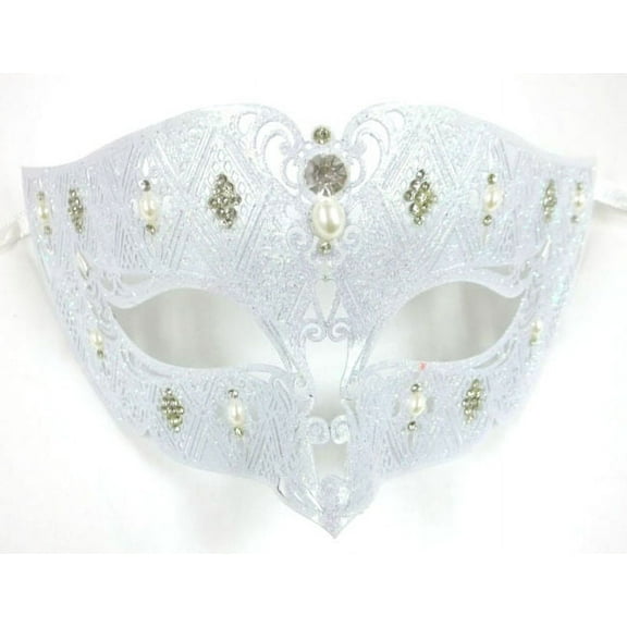 White Pearl Diamond Crystal Laser Cut Venetian Masquerade Metal Filigree Mask