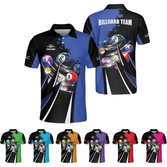 Personalized Billiard Polo Shirts Billiard Polo 3D Billiard Flag Men's Pool Billiards Shirt 8 Ball Gift Men Women (Blue, S)
