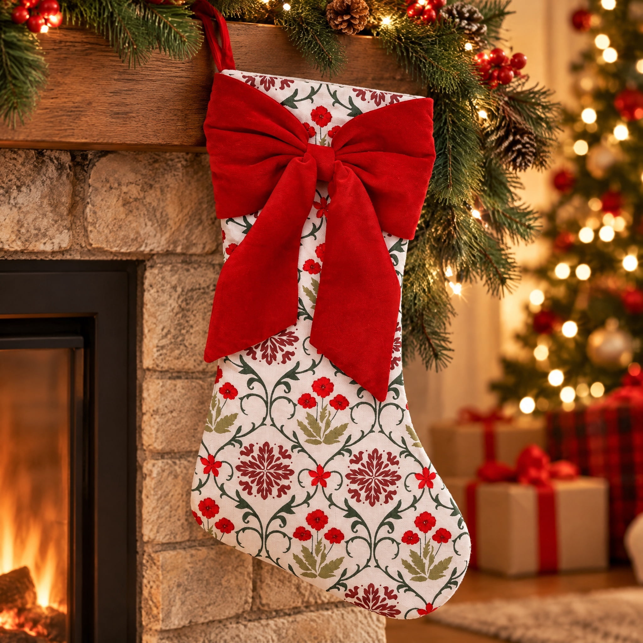 Floral Pattern Christmas Stocking with Velvet Bow, Multicolor, 19", by Holiday Time