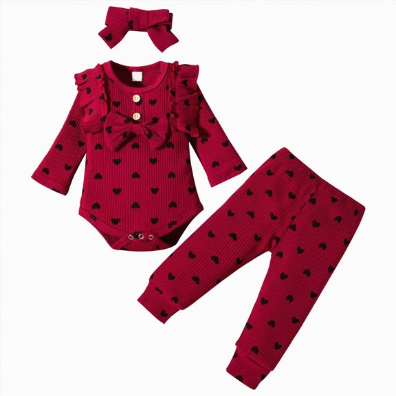 larppty Baby Girl's 3pc Rib Frill Long Sleeve Romper and Pant Set(Wine)