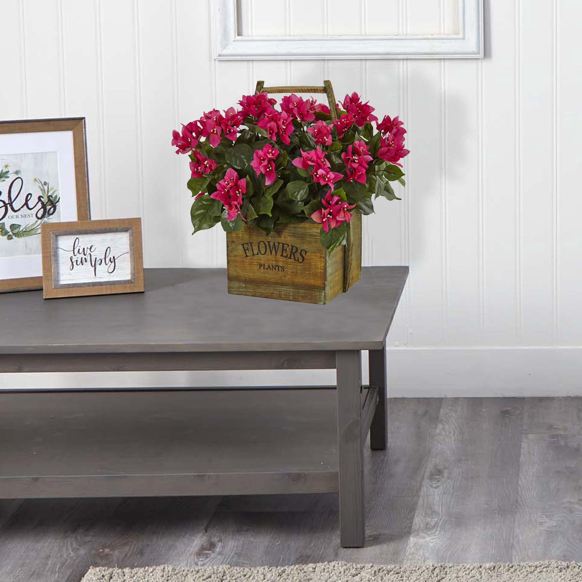 Bougainvillea Flowering Plant in Rustic Wood Planter