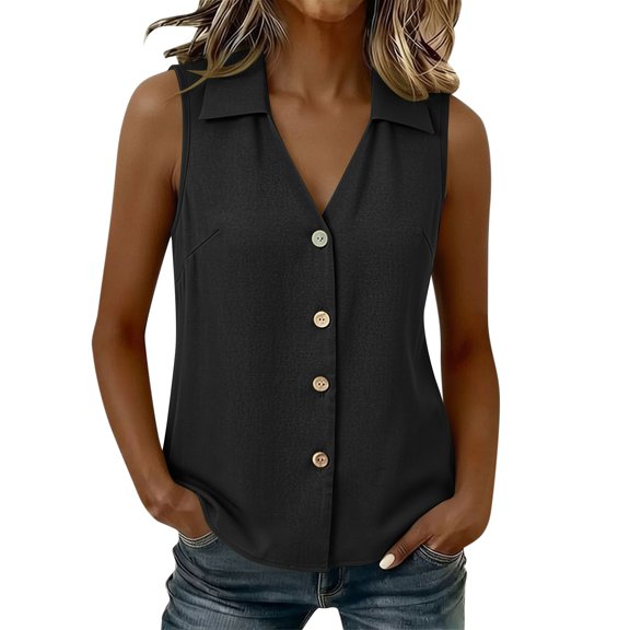 cocolona Womens Summer Tank Tops Sleeveless Lapel Button Back Pleated Shirts Dressy Casual Solid Color Blouses