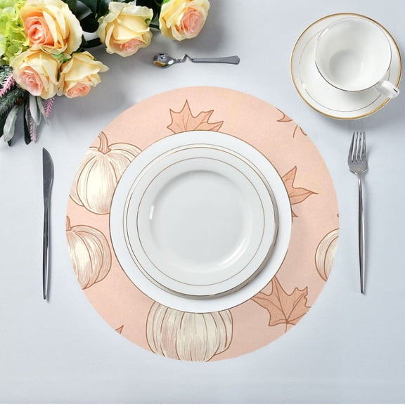 15.4" Round Placemat Set of 1 Polyester Fabric Place Mats Non-Slip Dining Kitchen Table Mats for Kitchen Party Decor Leaves and Pumpkins