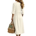 thumbnail image 5 of CHGBMOK Cotton Linen Dresses for Women Fall 3/4 Sleeve V Neck Fitted Waist Dress Side Slit Midi Dress with Pockets, 5 of 6