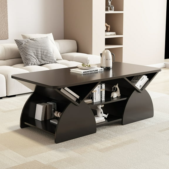 47" Modern Rectangle Coffee Table, Wooden Center Tea Table with 6 Open Shelves, Geometric Design Cocktail Table with Spacious Tabletop for Living Room, Black