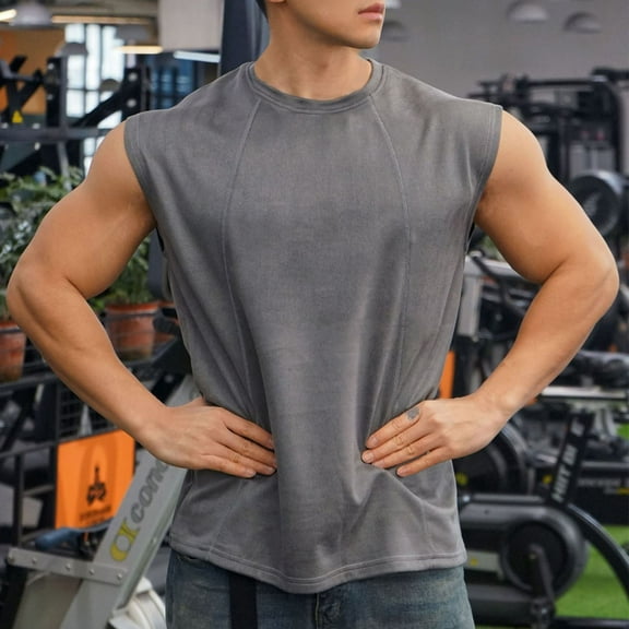 Yaoyar Mens Casual Sleeveless Tees Solid Color Wide Shoulder Outdoor Fitness Sports Athletic Activewear Workout Training Breathable Outdoor Leisure Crew Neck Shirts,Dark Gray,2XL