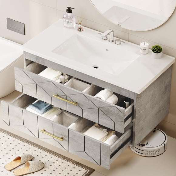 36 inch Bathroom Vanity with Sink Combo, Floating Bathroom Vanity with Ceramic Basin, 2 Large Drawers with Gold Handle, Soft-Close Design, Easy Assembly, Grey