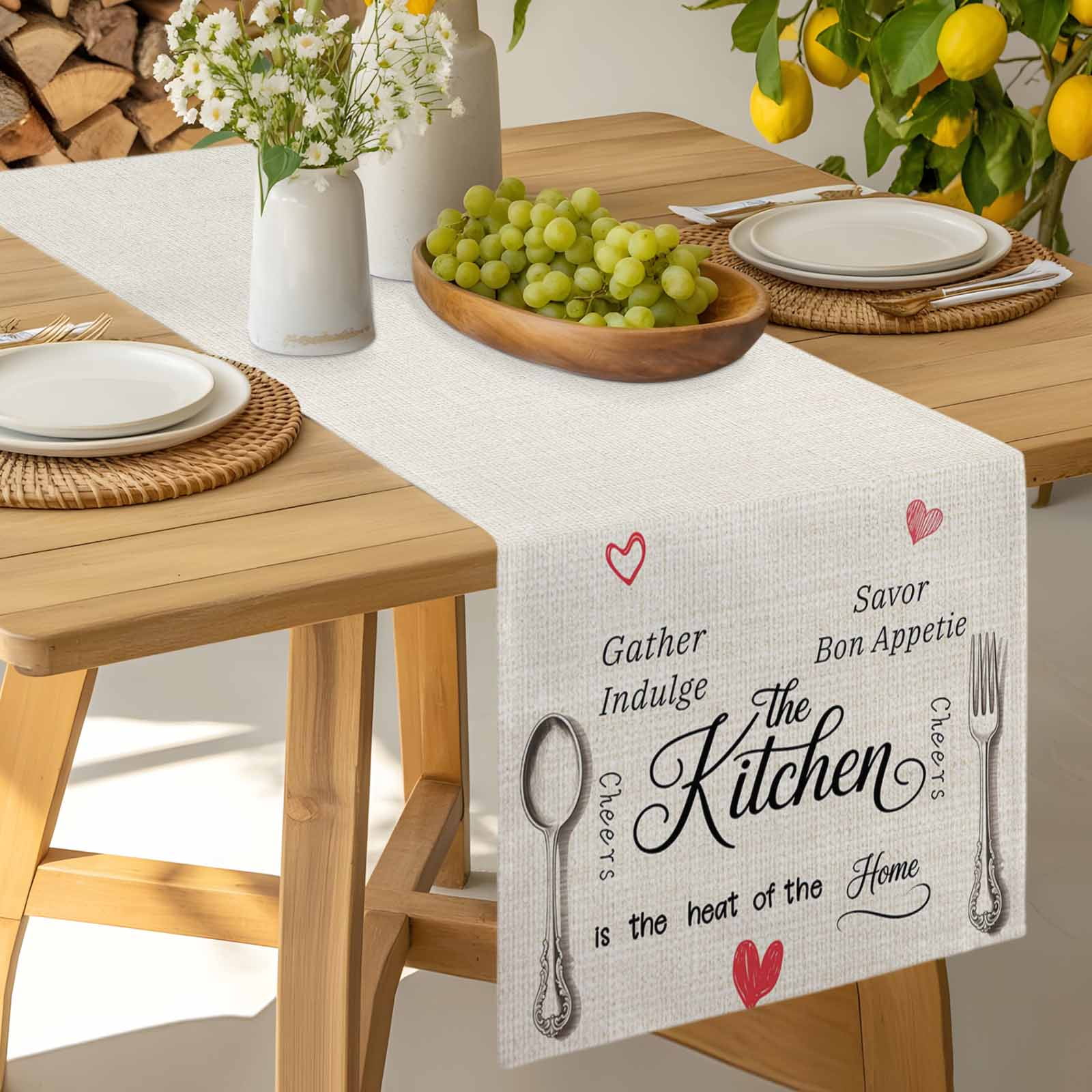Table Runner Spoon Fork Vintage Farmhouse Dresser Scarves 13x36 Inch Linen Table Runners Abstract Love Retro Linen Tablerunner for Home Dining Indoor Outdoor Wedding Party Tabletop Decor