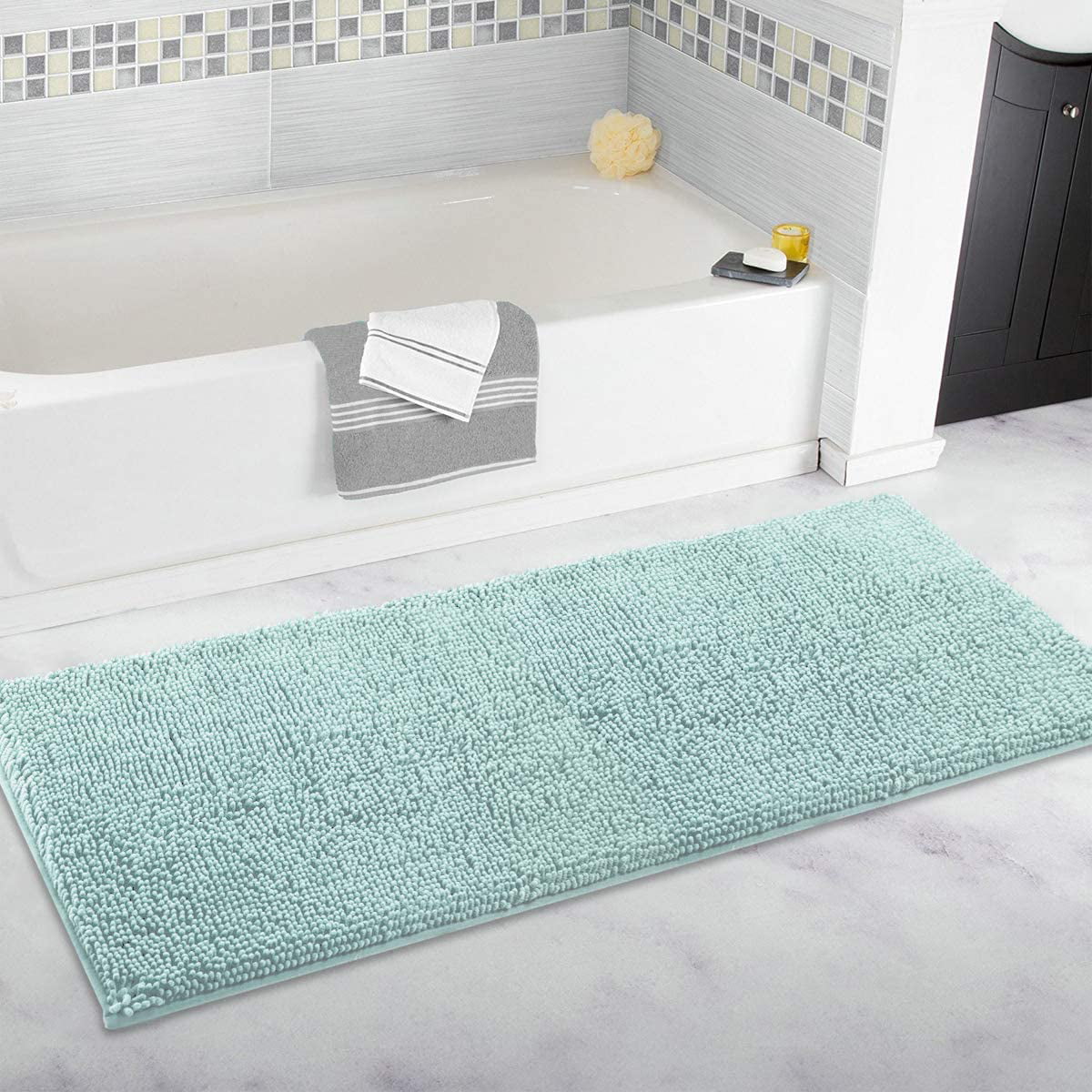 ITSOFT Non Slip Shaggy Chenille Soft Microfibers Bath Mat for Bathroom Rug Water Absorbent Carpet 34 x 21 Inches Spa Blue 