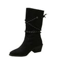thumbnail image 2 of PiGOGI Bohemian Boots for Women Lace Up Detail Mid Calf Boots Faux Suede Pointed Toe Comfortable Block Heel Winter Casual Fashion Shoes Black 37, 2 of 6