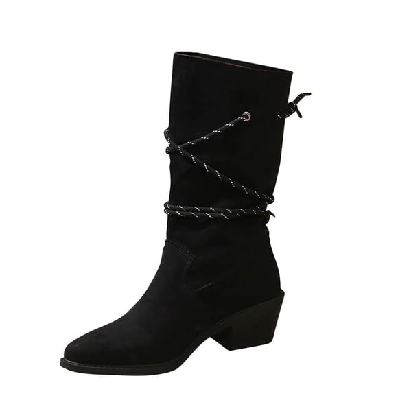 Wdhugt Women'S Solid Color Pull-On Boots Mid Calf Shaft Mid Heel Faux Suede Upper Us 9 Eu 42 10.24 Inch