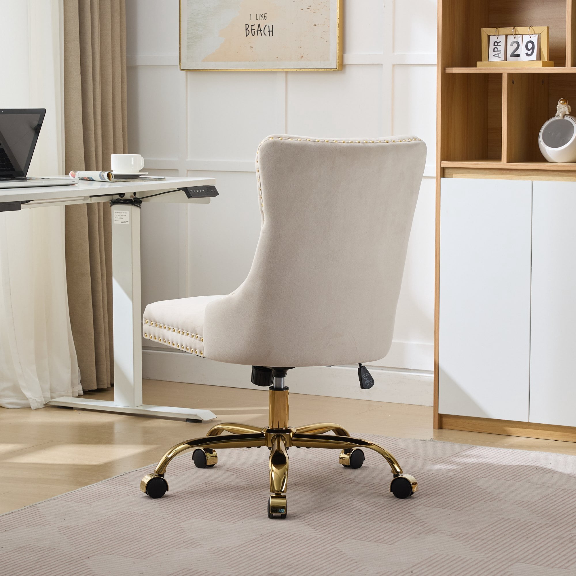 Leumius Velvet Office Chair with Wheels,Modern Upholstered Tufted Button Adjustable Home Desk Chair with Golden Metal Base,Swivel Vanity Chair for Bedroom,Beige