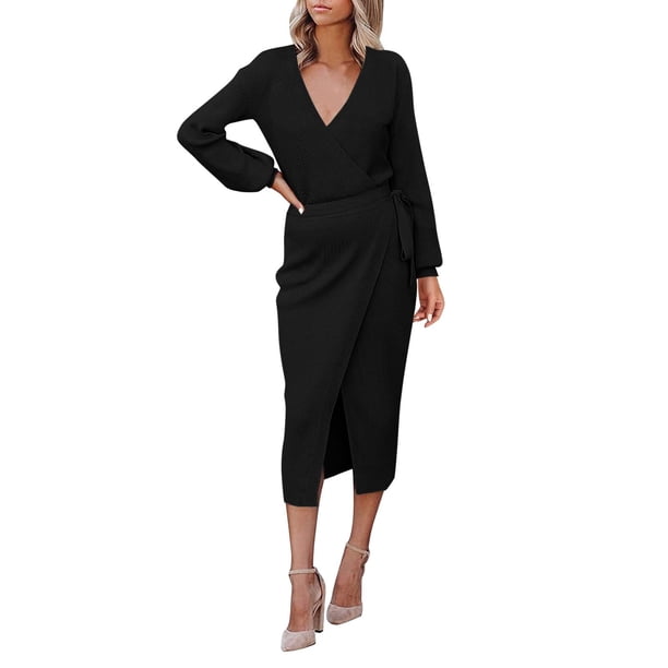 Vestido de punto con cuello en V y cinturón para mujer: elegante vestido de manga larga para otoño-invierno, cintura estilizante, tallas S-XXL