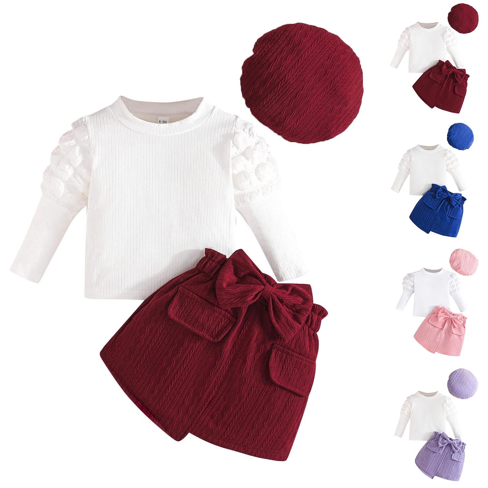 Ensemble Bébé Fille 3 Pièces WYTbaby - T-shirt Manches Longues + Jupe + Béret, Taille 6 Mois à 3 Ans - 11