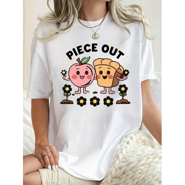 Women's Fun Apple & Bread Graphic Tee - Casual Round Neck Short Sleeve, Comfortable Polyester Blend Summer Top, Machine Washable