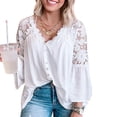 thumbnail image 4 of Sonducket Camisa de mujer con cuello en V Camisa de encaje Blusa en V Color sólido Botón de manga larga Top Prendas para la parte del cuerpo Blanco S, 4 of 6