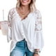 thumbnail image 5 of Sonducket Camisa de mujer Blusa de encaje con cuello en V Camisa de color sólido V Botón de manga larga Top Prendas para la parte del cuerpo Blanco L, 5 of 6