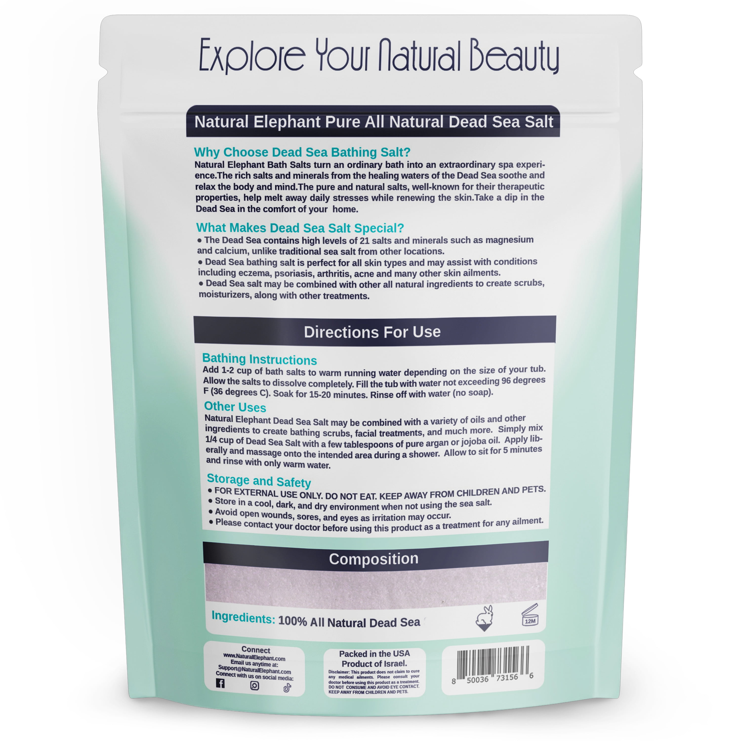 Natural Elephant Dead Sea Salt for Soaking & Bathing |19 Pounds Bulk Bag | Fine Grain | 100% Natural and Pure