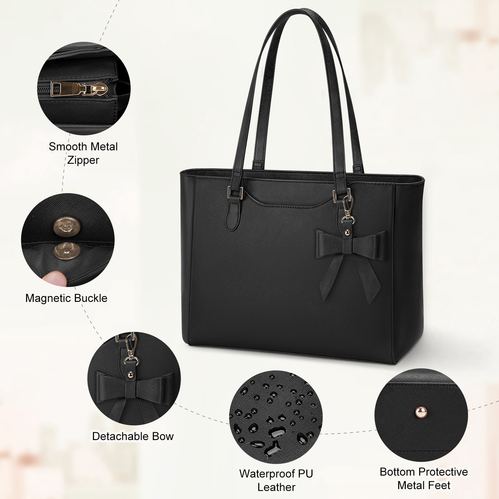 RAINSMORE Laptop Bag for Women 14 Inch Leather Work Tote Bag Professional Briefcase for Office Teacher College Computer Bag,Black