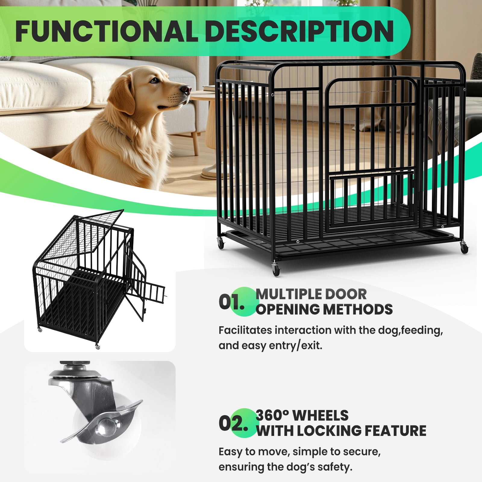 38" Dog Crates, Folding Metal Dog Cage, Heavy Duty Indestructible Dog Crate with Wheels, Dog Kennel Indoor for Multi-Pet Home & Grooming Shop