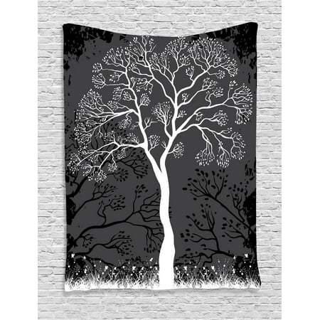 Seasonal Decor (Grey Tapestry, Artistic Tree Illustration with Growing Branches Merry Seasonal Grass Bushes Nature, Wall Hanging for Bedroom Living Room Dorm Decor, Grey White, by)