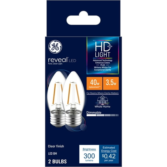 GE Reveal LED Decorative Light Bulbs, 40 Watt Eqv, E26 Medium Base, 2pk