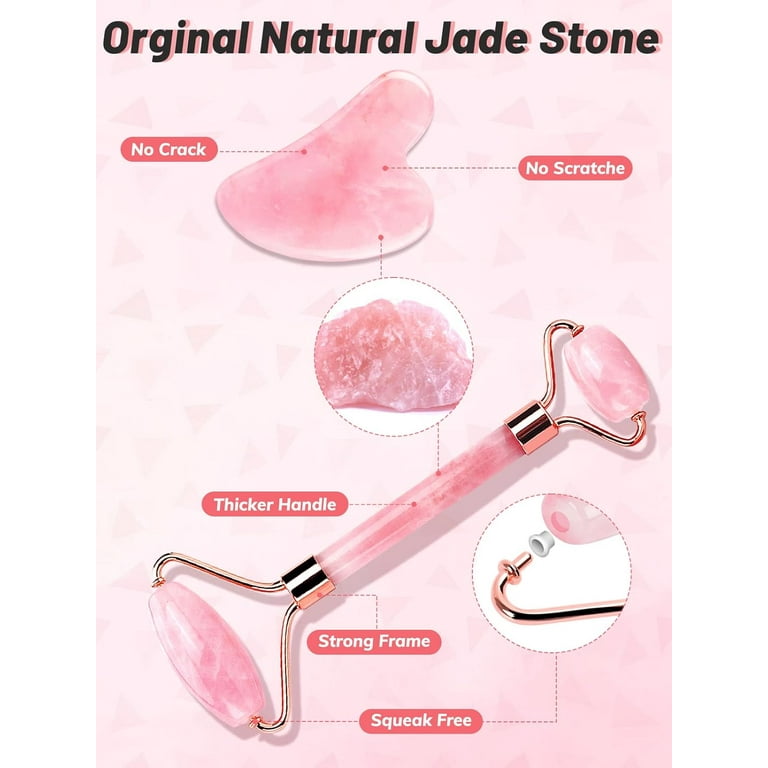 Authentic Jade Roller and Gua Sha Kit - Face Massager, Face Roller for  Skin, Eyes, Neck,Pink