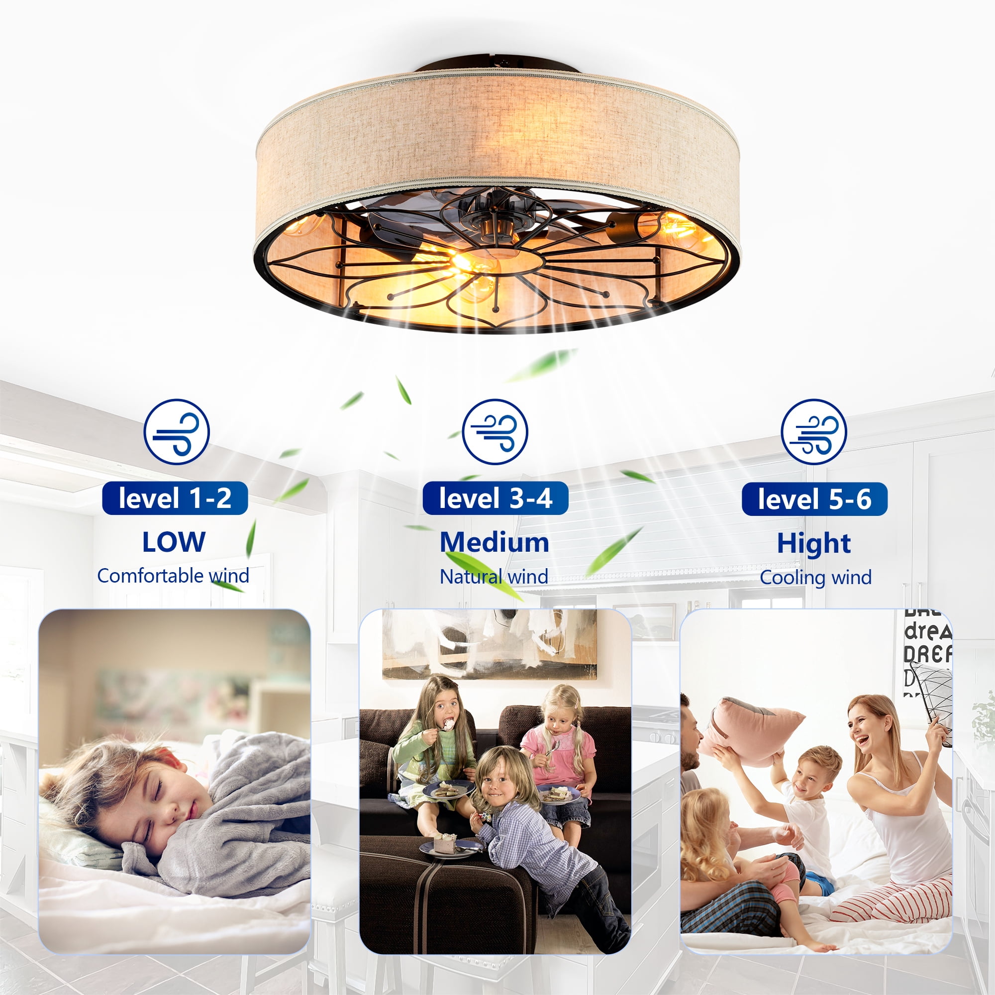 Leumius 20" Fabric Farmhouse Ceiling Fan with Light and Remote Control,Low Profile Modern Enclosed Ceiling Fans with Reversible Motor for Living Room,Bedroom,Kitchen Black (NOT Included Bulbs)