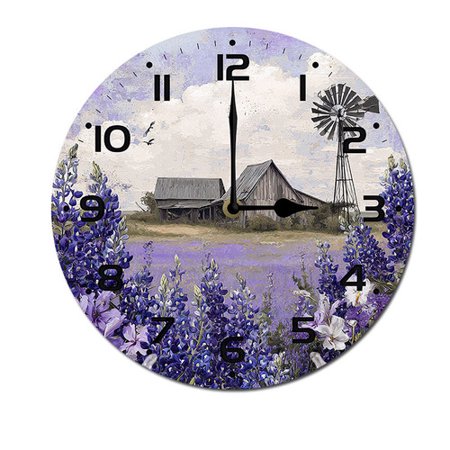ZXCXRQFa Landscape Wildflowers Barn Windmill Silent Non Ticking Wooden Clock 10 Inch, Round Wall Clock,Decorative for Living Room, Kitchen, Home,Bathroom, Bedroom, Office or School