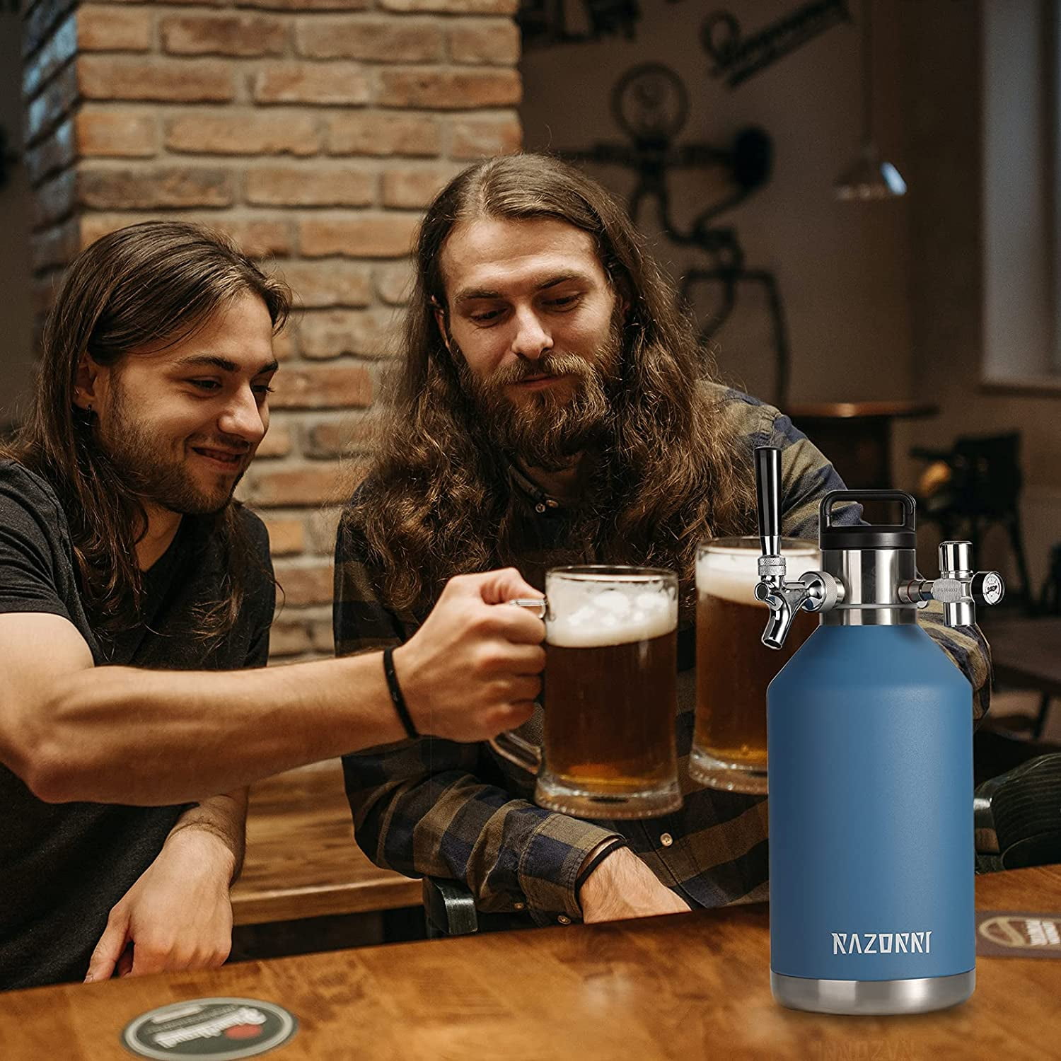 Razorri 64oz Stainless Steel Beer Growler, Double-Wall Vacuum Insulated Carbonated Keg with Professional Bar Tap and Pressurized CO2 Regulator, 0.5 Gallon, Ocean Blue