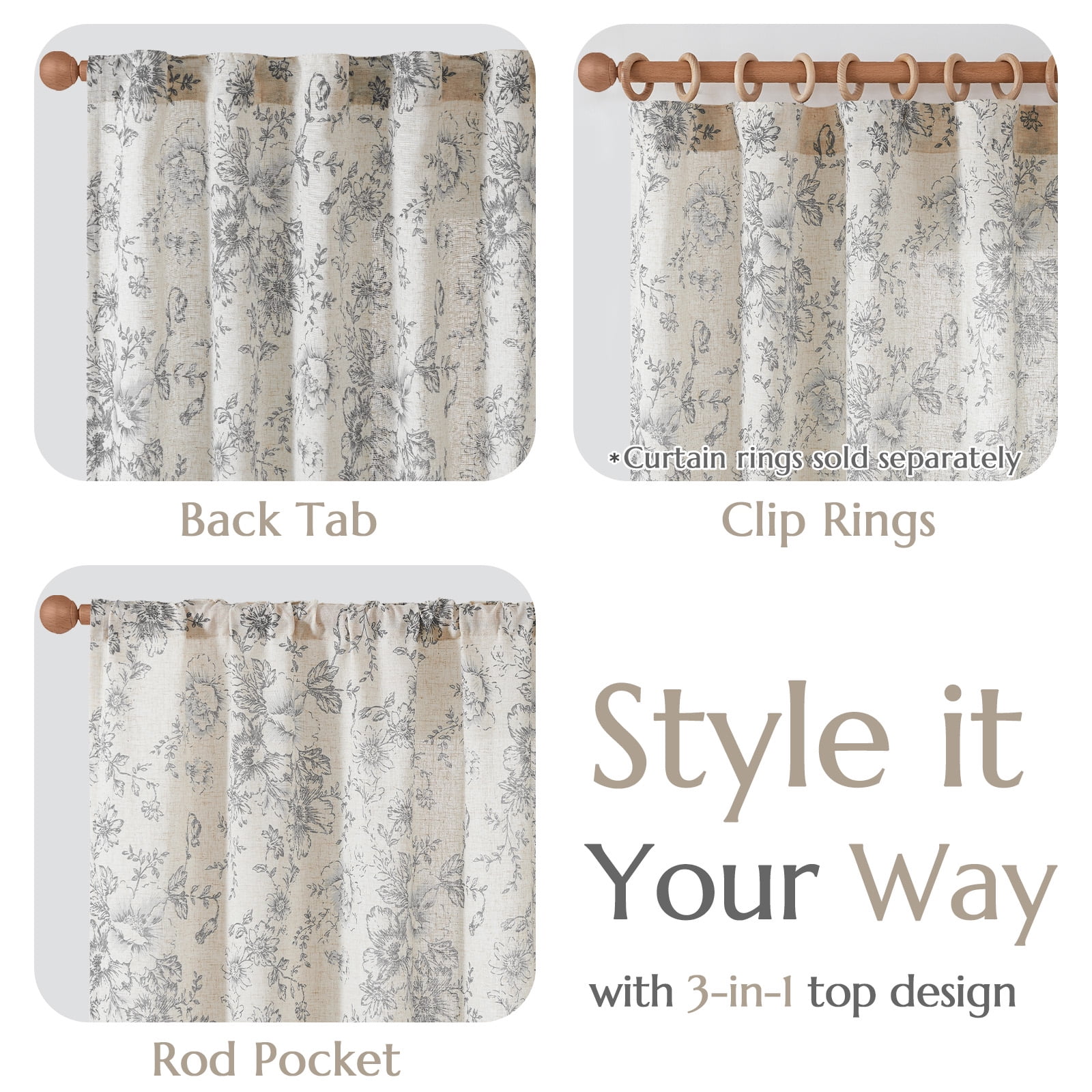 CURTAINKING Linen Curtains Floral Curtains for Living Room 84 Inch Length Grey Printed Curtains Rod Pocket Back Tab Farmhouse Peony Flower Patterned Drapes Bedroom Window Curtain Set 2 Panels