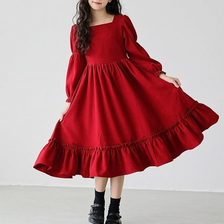 Huowey Teen Girls Long Sleeve Red Dress Square Neck High Waist Ruffles Tiered Comfortable Casual Outfit For Toddlers And Kids Red 11-12 Years
