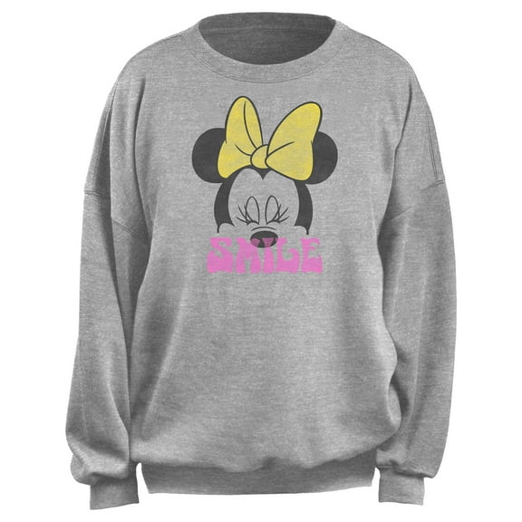 Junior's Minnie Mouse Smile Yellow Bow Minnie Sweatshirt Heather Gray Medium
