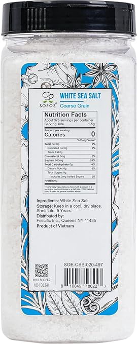 Soeos White Sea Salt Coarse Grain 20 oz 1.25 lbs Gluten-Free Kosher