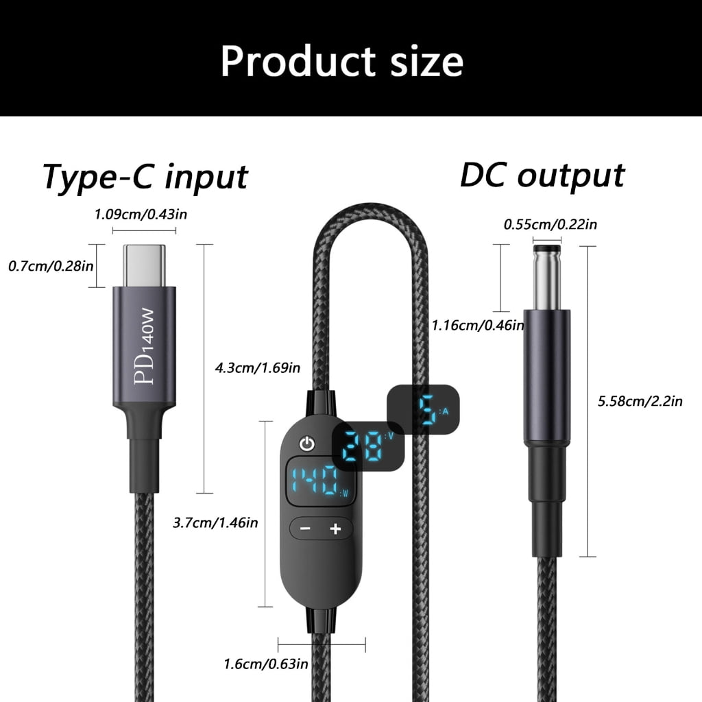 Universally DC5.5x2.1mm to USB C Power Cable With Real Time Voltages Screen And Protections Features