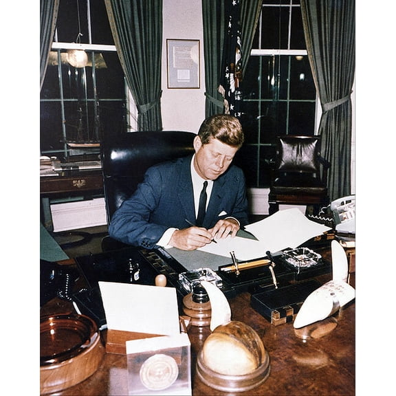 President John F. Kennedy Signing Cuba Quarantine - Style A - 12x18 Inch Laminated Poster - Stunning Detail and Bold Colors