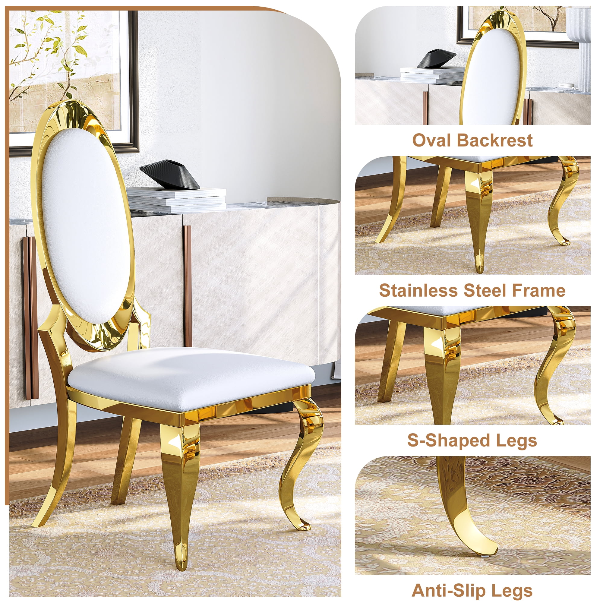 Luxury Dining Chairs Set of 2, Oval Back PU Upholstered Chairs with Stainless Steel Cabriole Legs, Dining Chairs for Kitchen, Living Room, Office