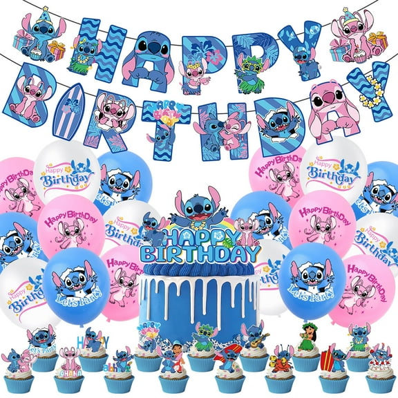 50Pcs Stitch Birthday Supplies Cartoon Party Supplies Kit Banner Balloons Cake Cupcake Toppers for Boys Girls Birthday Party Decorations Kits