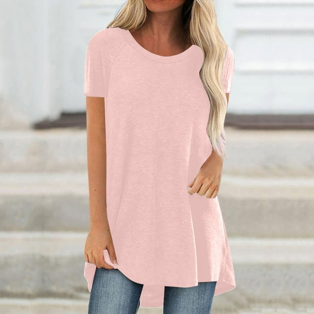 LOVZFMLL Women's Summer Tops Summer Solid Round Neck Loose Short Sleeve Tops T-shirt Blouse