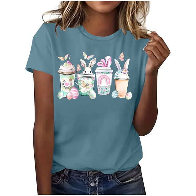 Mujeres Manga Corta de Verano Tops Pascua Impresa Cuello Redondo, Blusa de Moda Casual para la Primavera
