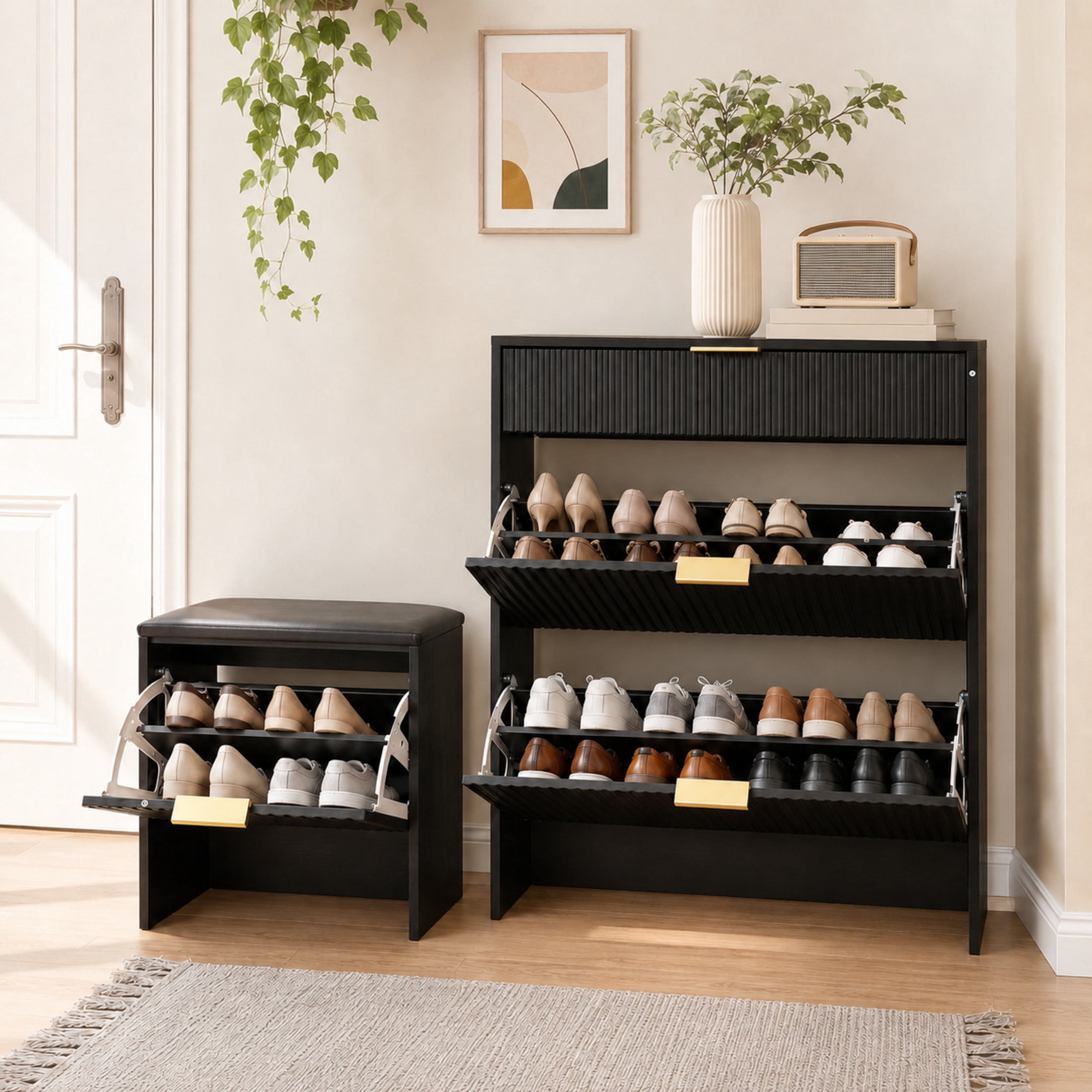 GDF Studio Solus Fluted Black Shoe Storage Cabinet Set with Padded Bench & Gold Pulls, Slim Hallway Organizer, Black