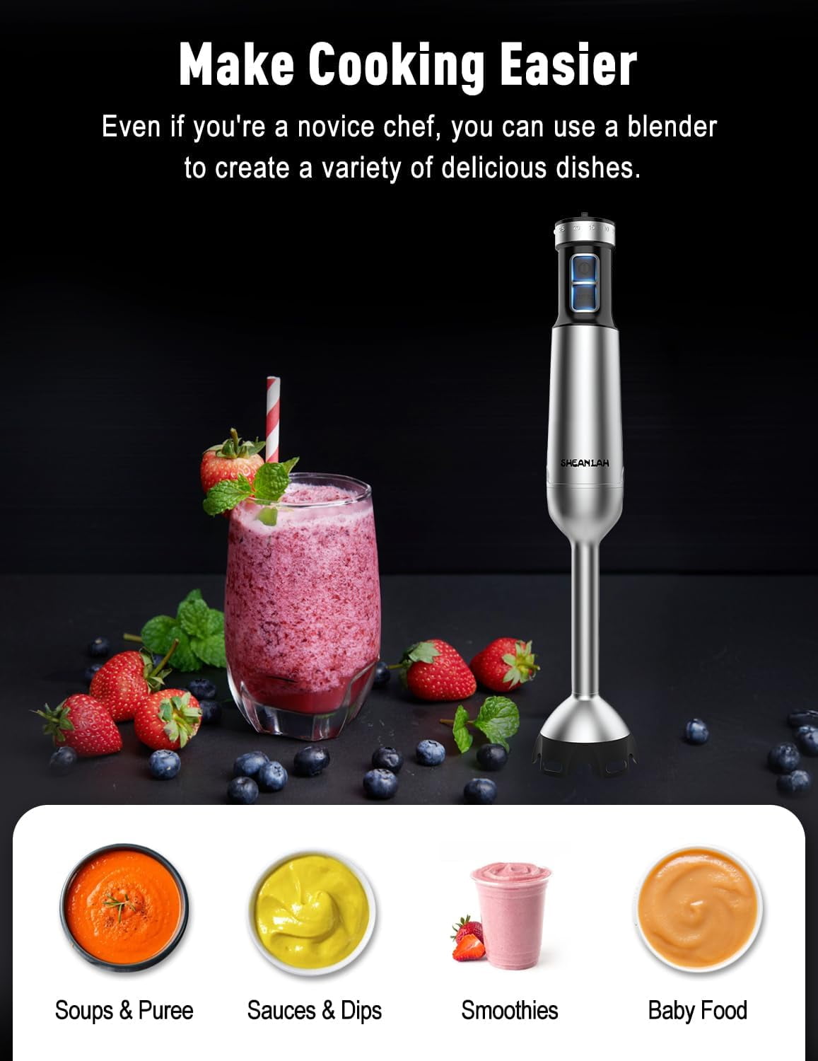1000W Powerful Immersion Blender Handheld with 25-Speed, Scratch-Resistant Corded Hand Mixer with Heavy-Duty Copper Brushless Motor