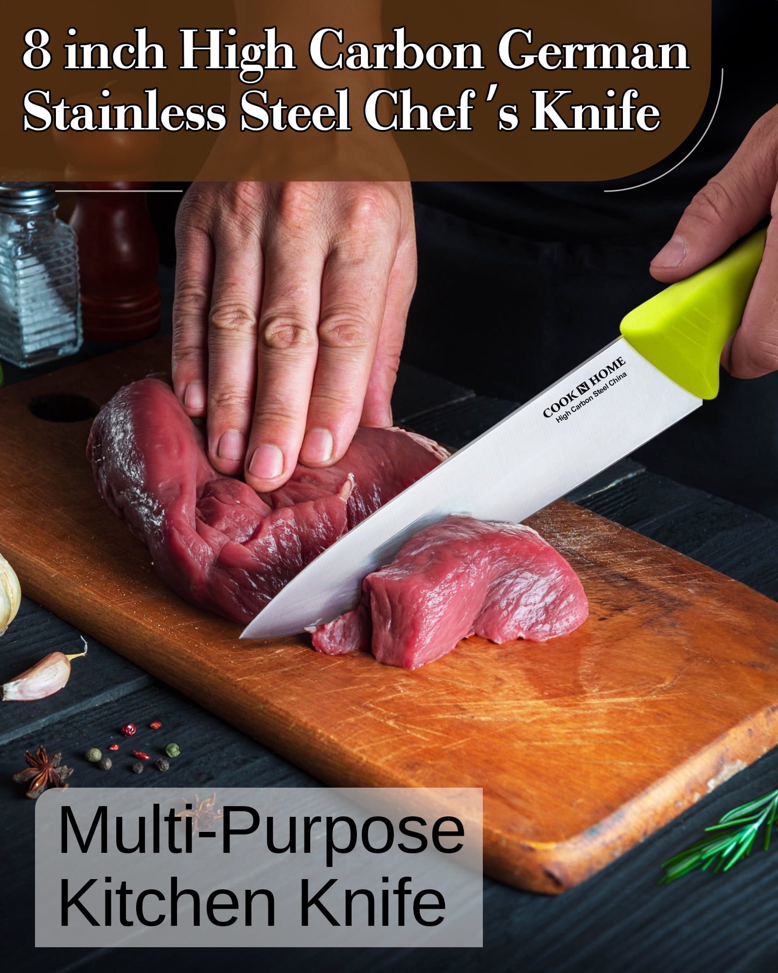 Cook N Home Professional 8 Inch Chef's Knife Multi-Purpose, Straight Edge High Carbon Stainless Steel Sharp Kitchen Knife, Ergonomic Handle, Green