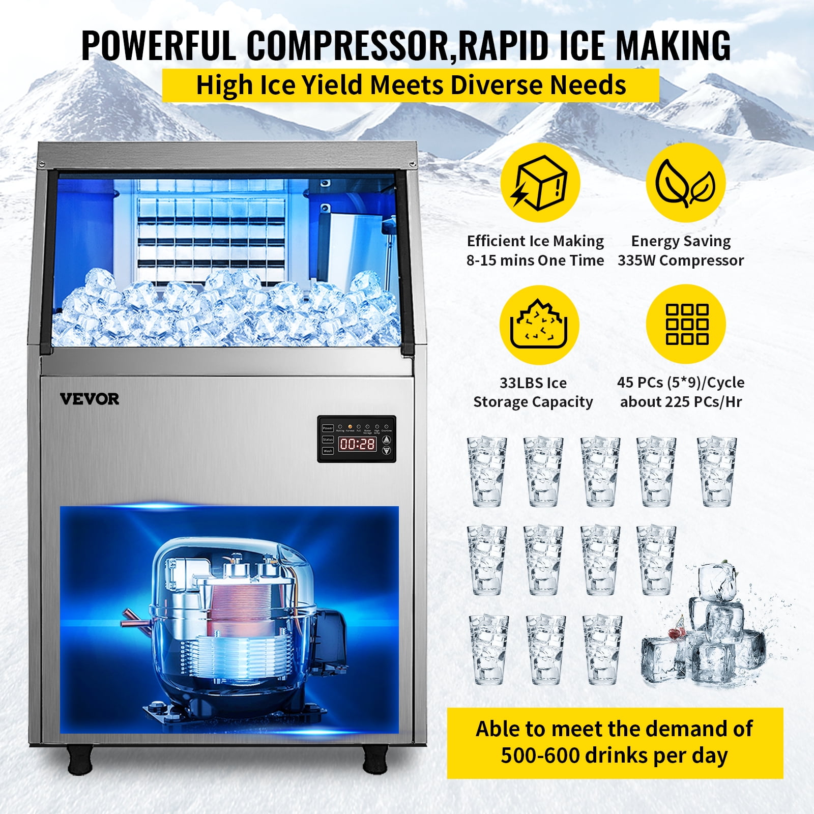 VEVOR Commercial Ice Maker 120lbs/24H with 22lbs Bin, Full Heavy Duty Stainless Steel Construction, Automatic Operation, Clear Cube for Home Bar, Include Water Filter, Scoop, Connection Hose