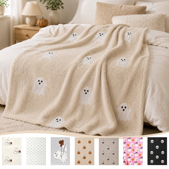 Dmlowu Halloween Flannel Throw Blanket, Warm Fluffy Blankets with Ghost Pumpkin Festival Print, Halloween Thanksgiving Christmas Gifts for Women Men, 39x27in