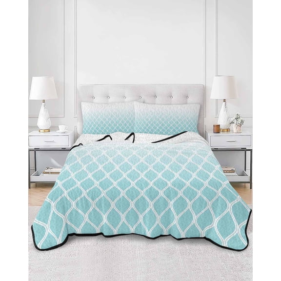 Quilts Twin Size, Aqua Ombre Stripe Soft Comforter Bedding Set for Bed, Modern Abstract Art Gradient Striped Lightweight Quilted Bedspread with Pillow Cover(2 Pieces) for All Season, 68x86 Inch